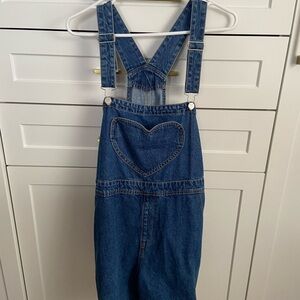Short Blue Denim Overalls with Heart Detail